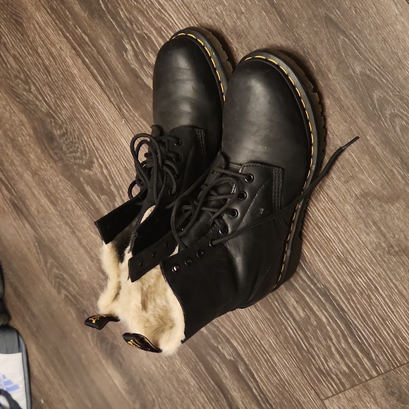 Dr. Martens Shoes - Dr. Martens Black Leather Lace-Up Fur-Lined Boots with Yellow Stitching